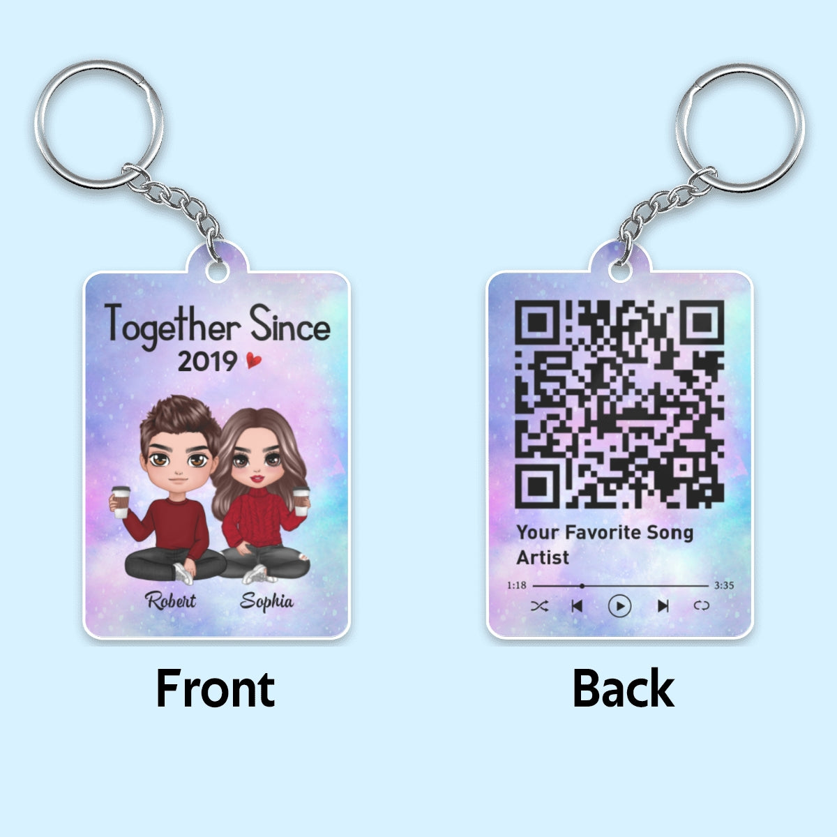 Doll Couple Sitting Together Since Favorite Song Scannable QR Code - Personalized Acrylic Keychain