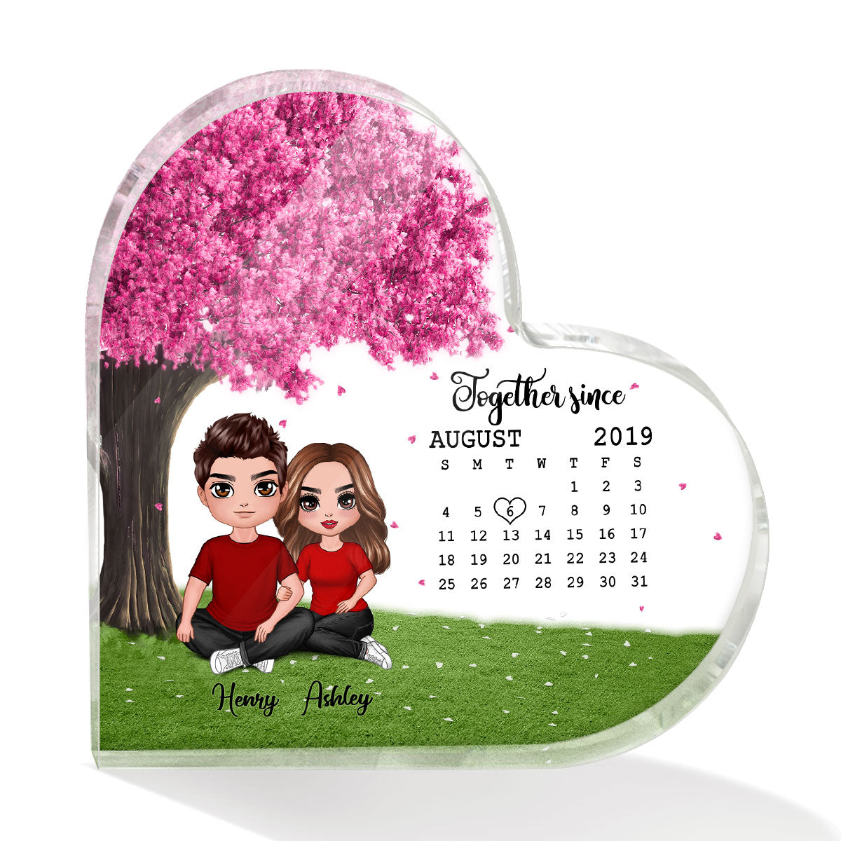 Embracing Doll Couple Sitting Under Pink Tree Calendar Anniversary Date Personalized Heart Acrylic Plaque