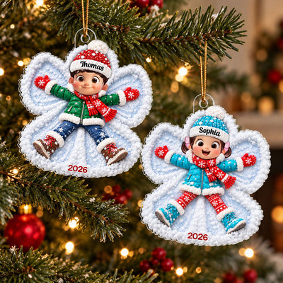 Snow Angel Cute Boy Girl Making Snow2D Flat - Personalized Acrylic Ornament - Christmas Gift for Daughter Son Granddaugter Grandson
