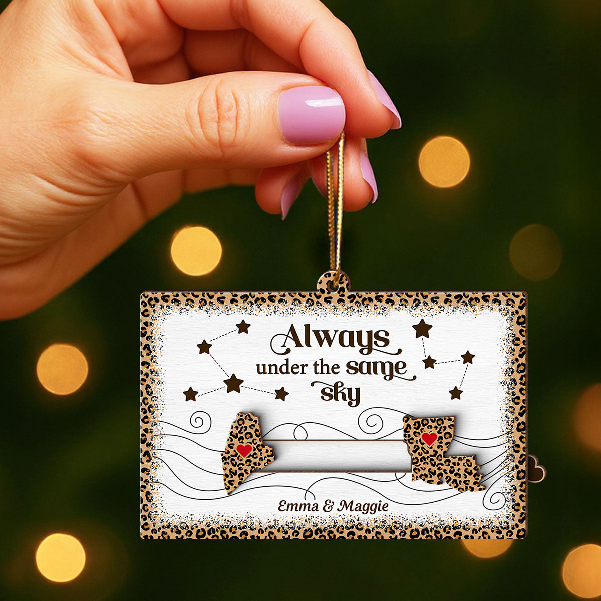 Long Distance Leopard State Map Besties Sisters Personalized Slider Ornament, Meaningful Christmas Gift