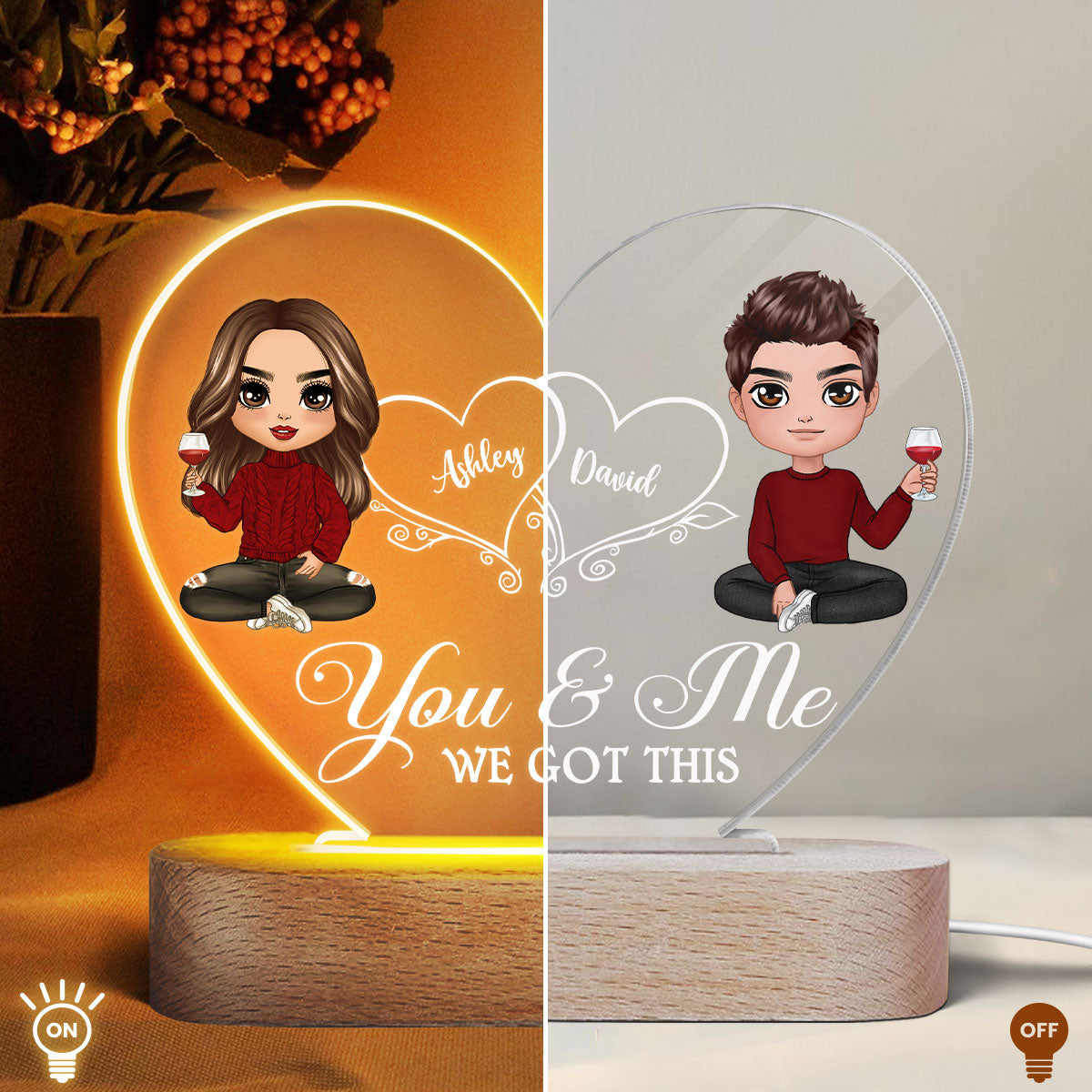 Hearts Doll Couple Sitting Gift For Him Gift For Her Personalized Acrylic Heart Plaque LED Lamp Night Light