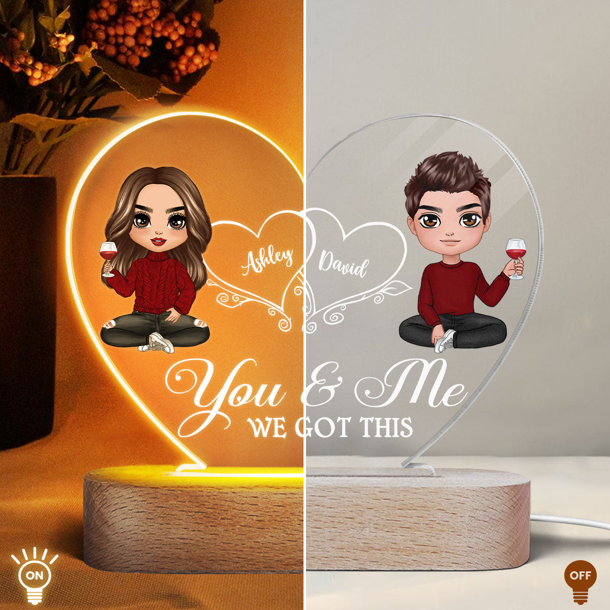 Hearts Doll Couple Sitting - Personalized Acrylic Block Plaque LED Night Light - Anniversary Gift For Him, Gift For Her