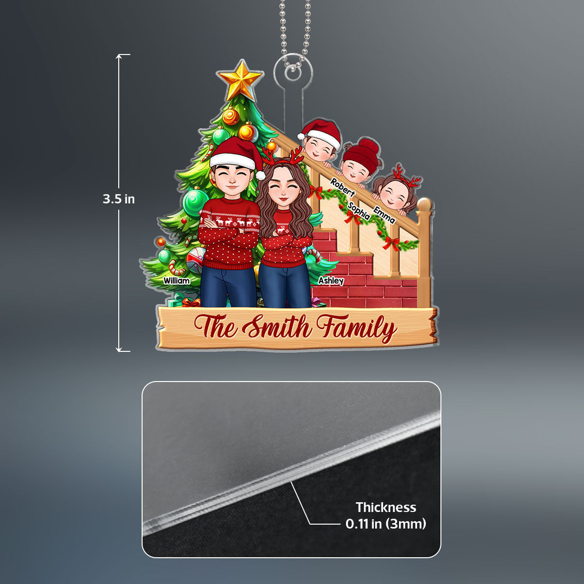 Cute Family Sitting By The Christmas Tree Personalized Acrylic Ornament