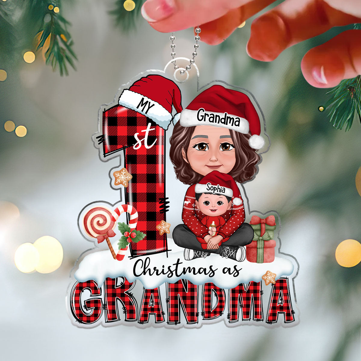 My First Christmas As Grandma Woman Kid Crossed Legs Personalized Acrylic Ornament