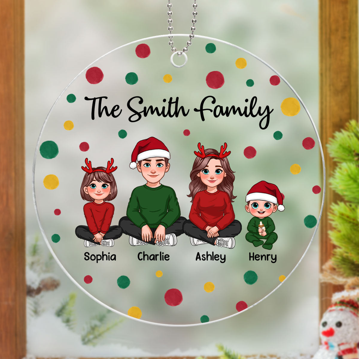 Red Green Dots Family Sitting Personalized Acrylic Ornament