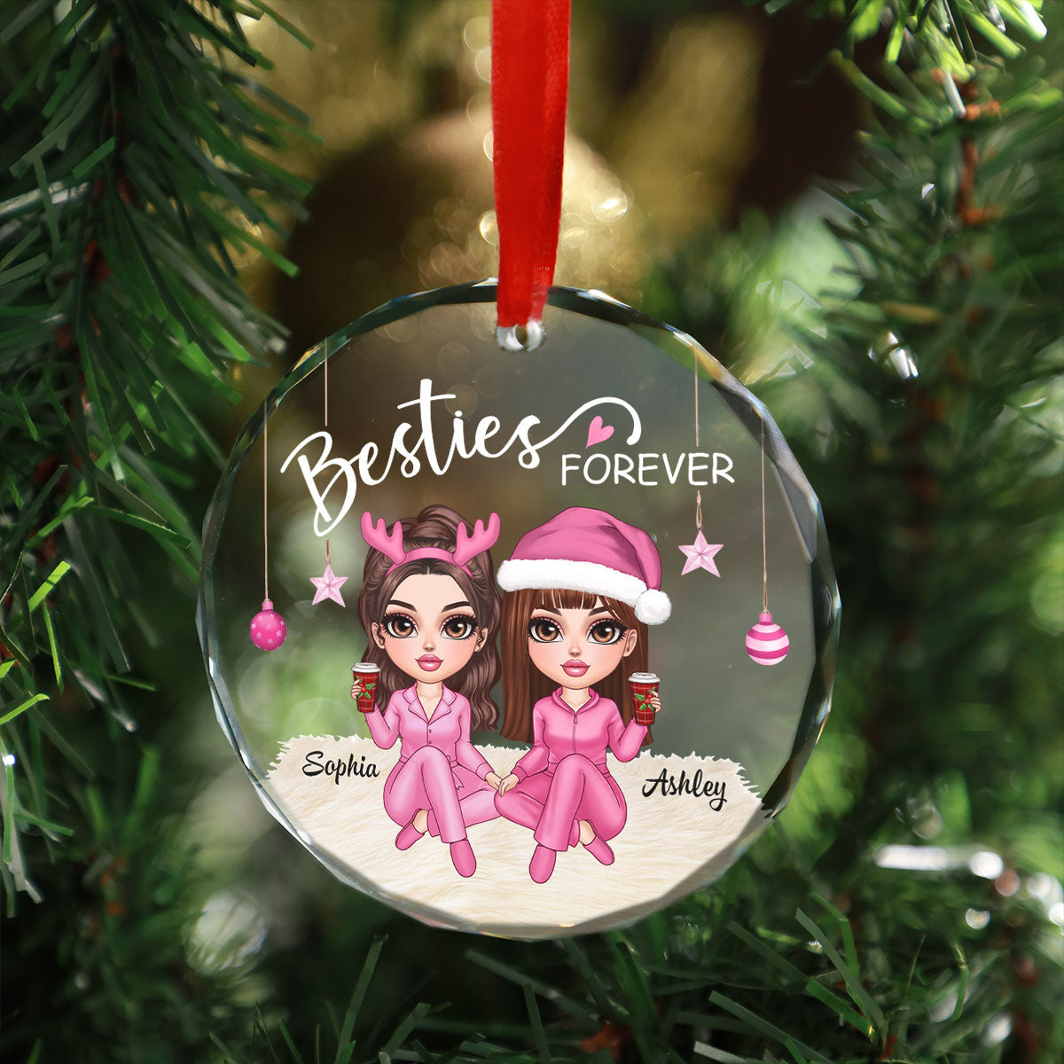 Besties Forever Pink Clothes Y2K Best Friends Personalized Glass Ornament, Friendship Christmas Gift