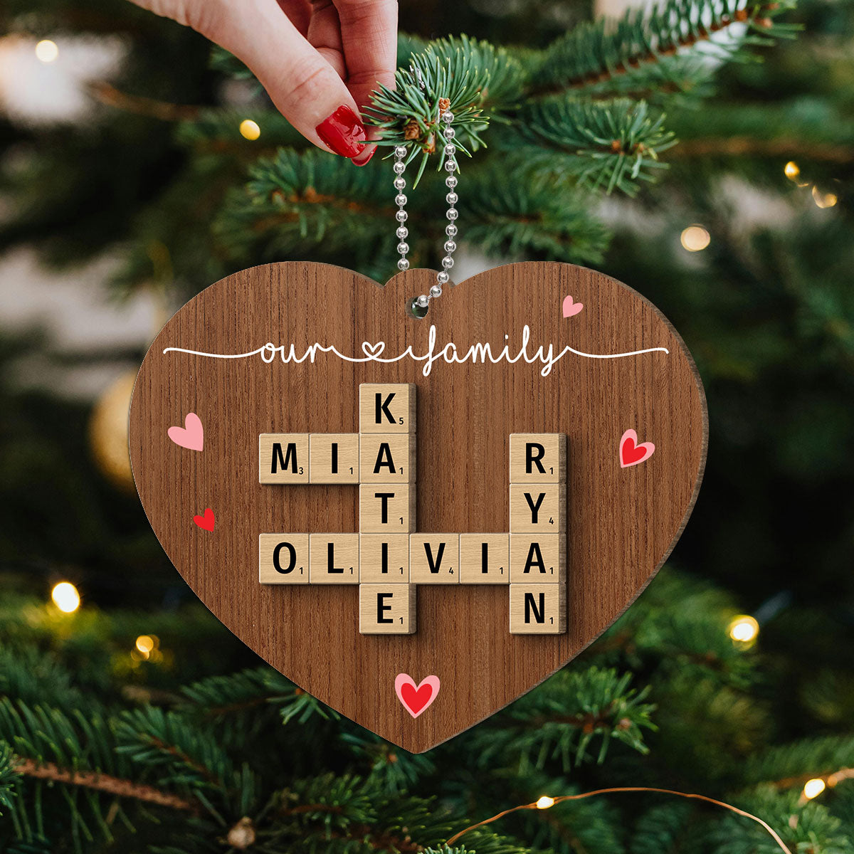 Family Crossword Puzzle Art Personalized Heart Shaped 2-Layer Wooden Ornament