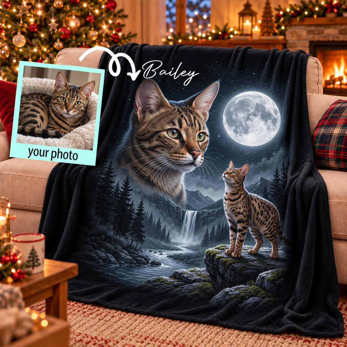 Cat Howling to the Moon Custom Pet Photo - Personalized Fleece Blanket - Halloween Gift for Cat Lovers