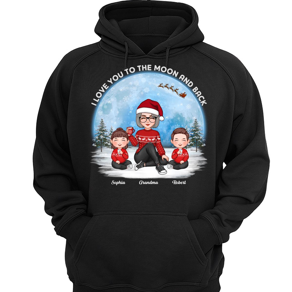 Love To The Moon And Back Cute Grandma Grandkids Sitting Under Moon Personalized Shirt