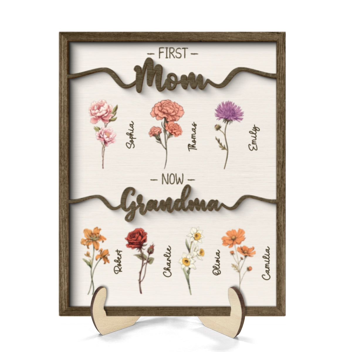 First Mom Now Grandma Vintage Birth Month Flowers Personalized 2-Layer Wooden Plaque, Heartfelt Gift For Grandma, Mom