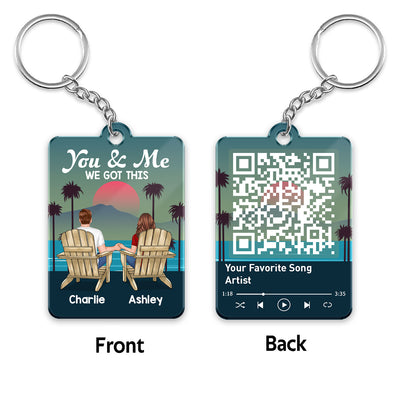 Retro Back View Couple Sitting Favorite Song QR Code Personalized Acrylic Keychain