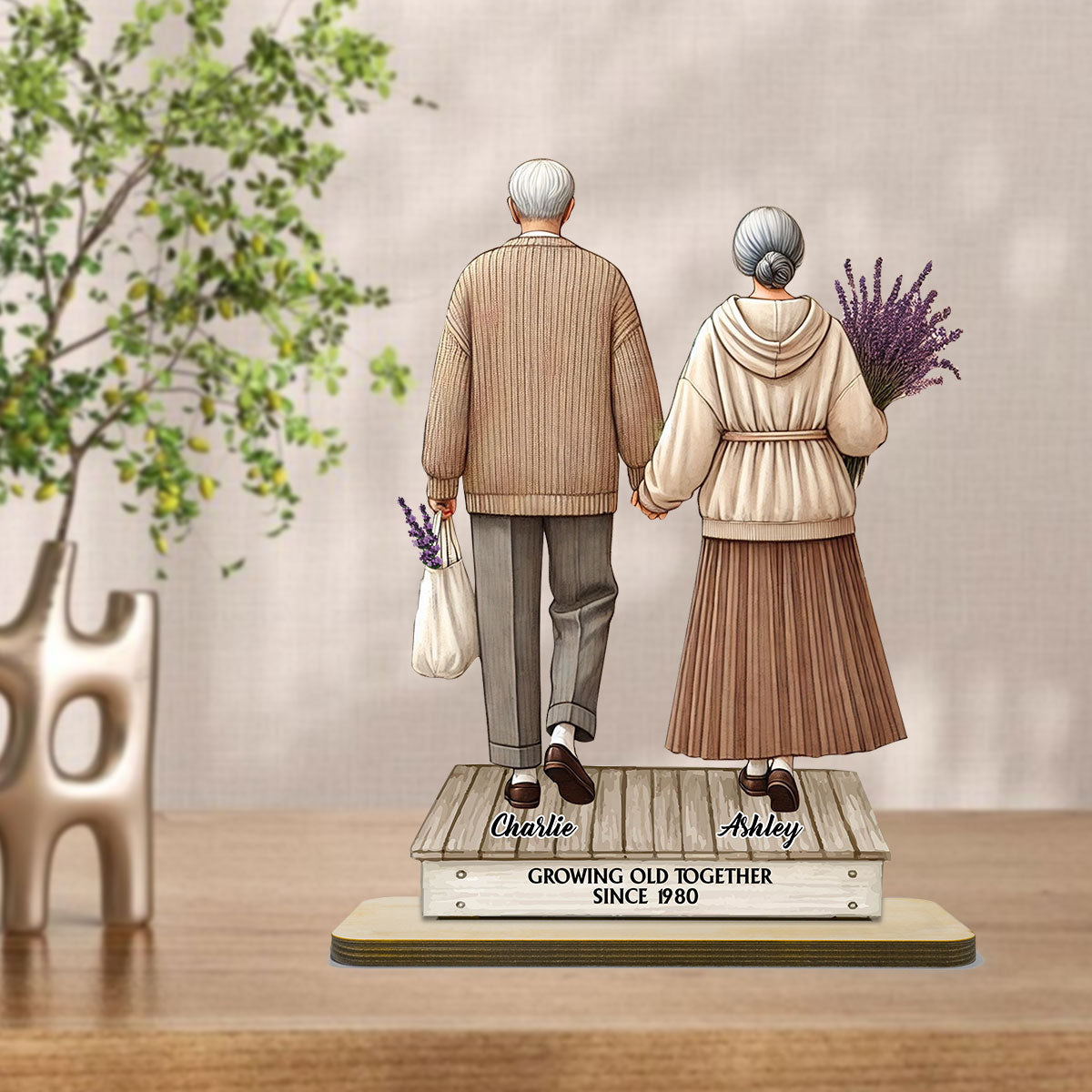 Old Couple Holding Hands Walking Personalized Standing Wooden Plaque