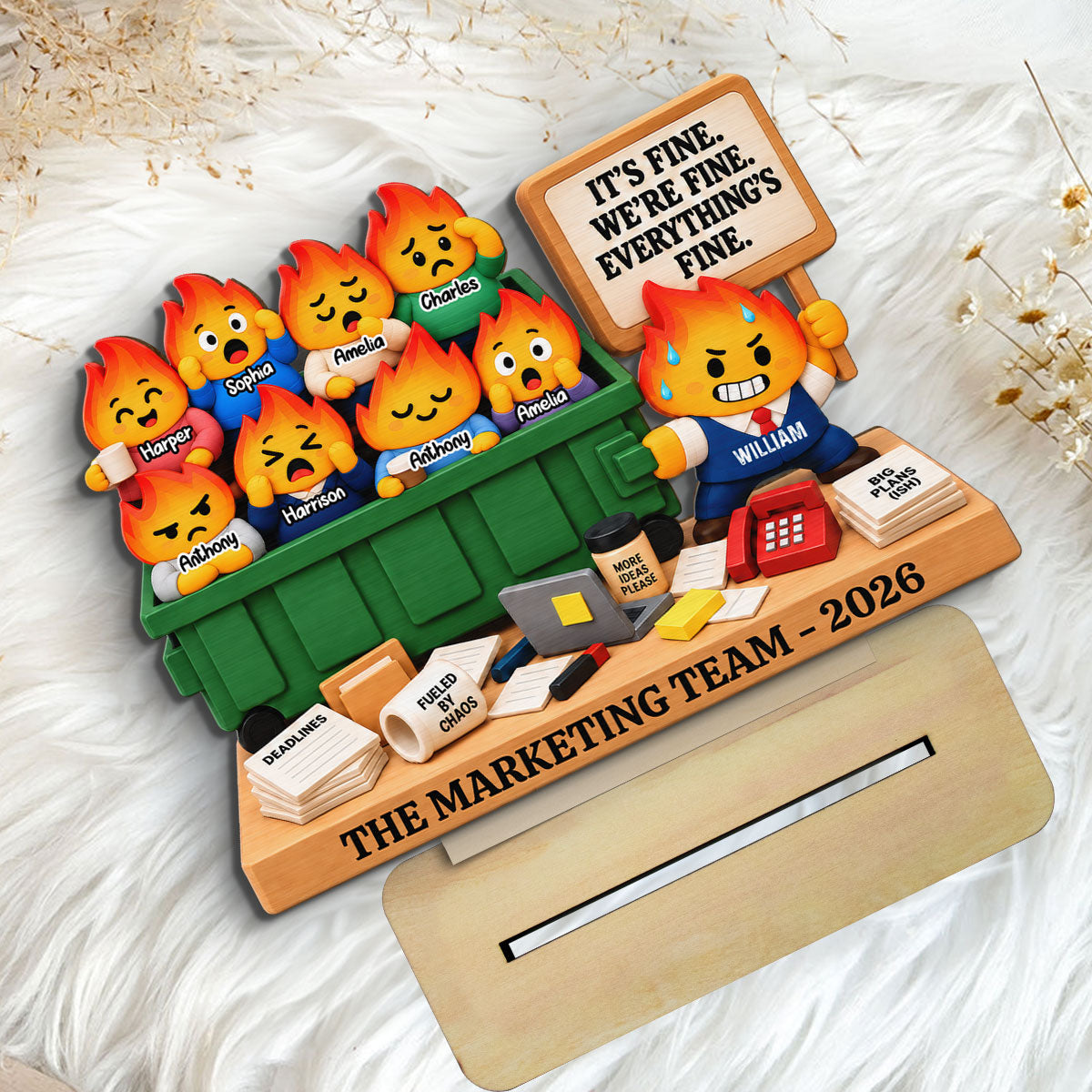 Dumpster Fire Team 2D Flat - Personalized Wooden Plaque – It's Fine We're Fine Everything's Fine, Funny Coworker Gift 2026