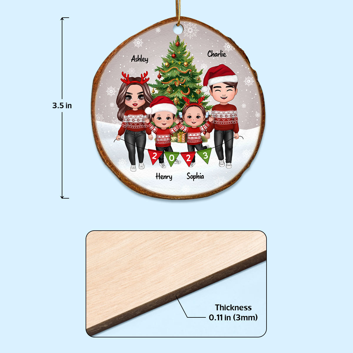 Whole Family Doll Mom Dad Kid Dog Cat By Christmas Tree In Snow 2023 Wood Slice Personalized Wooden Ornament