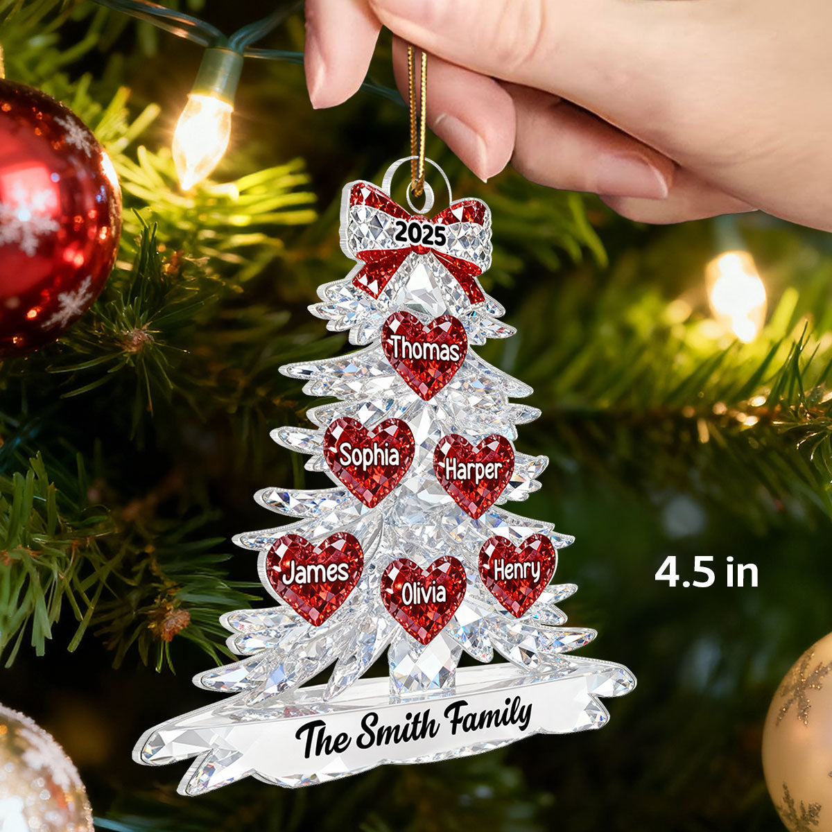 3D Effect Flat Family Christmas Tree Hearts Names - Personalized Acrylic Ornament - Gift For Family