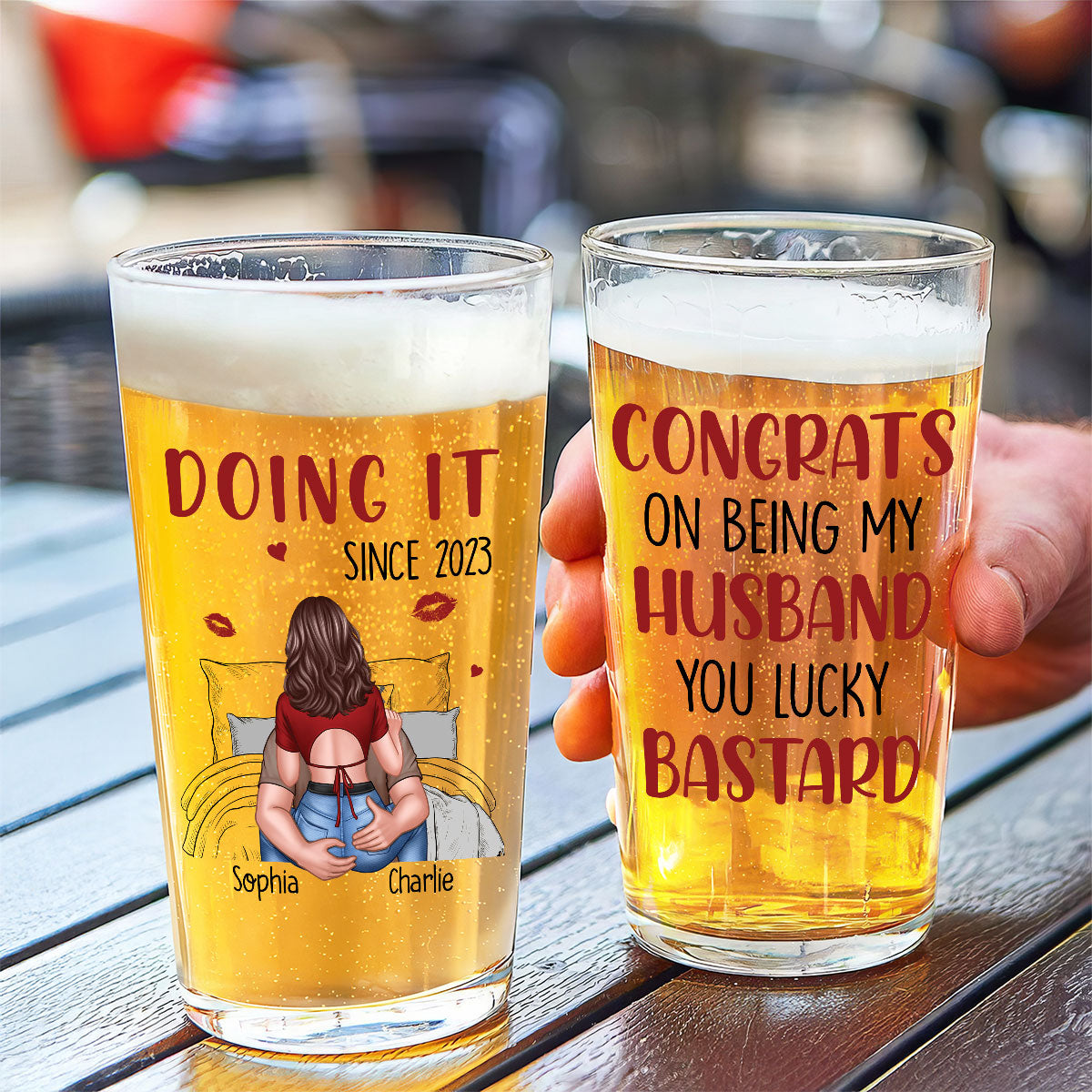 Congrats On Being My Husband Man Embracing Woman Back View Personalized Beer Glass