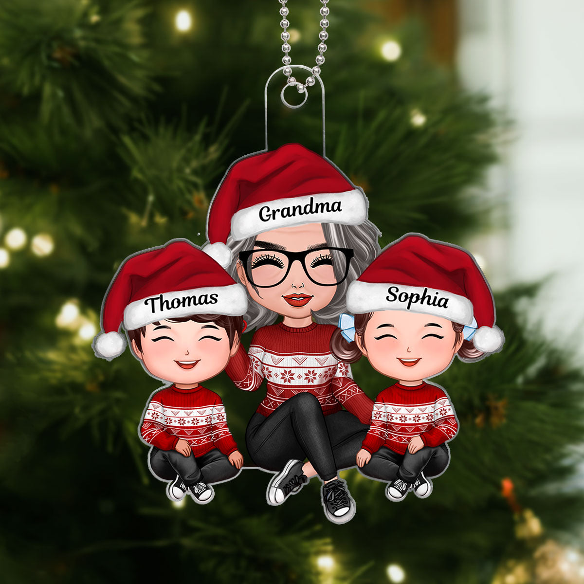 Grandma And Grandkids Sitting Happy Face Personalized Acrylic Ornament, Gift For Granddaughter, Grandson