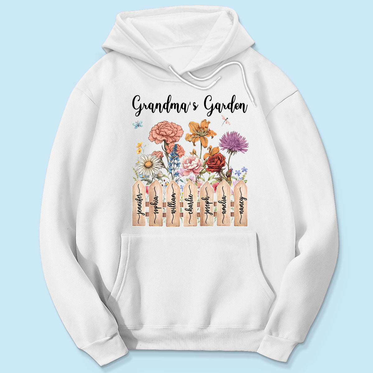 Grandma Birth Month Flower Garden Grandkids Names On Fence Personalized Shirt, Mother's Day gift for Mom, for Grandma