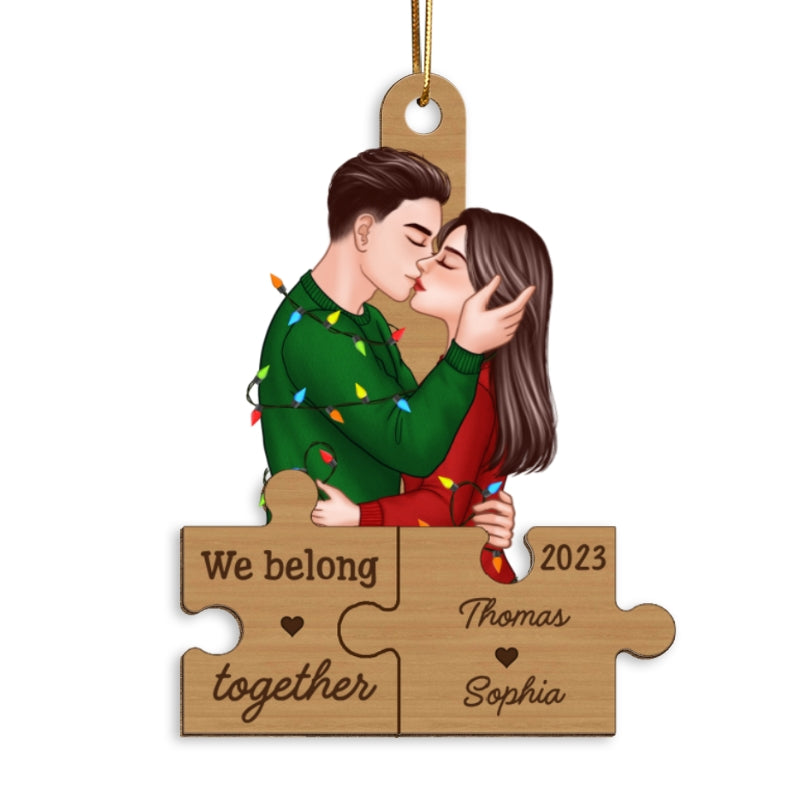 We Belong Together Romantic Couple Kissing Puzzle Pieces Personalized Wooden Ornament