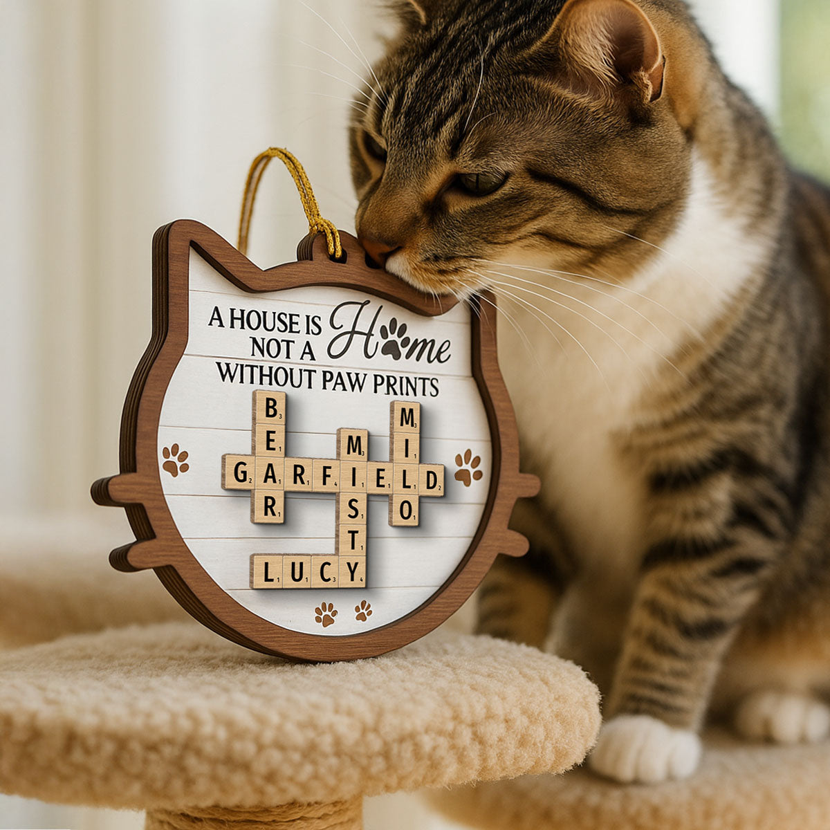 Cat Face Shape A House Is Not A Home Without Paw Prints Crossword Art Personalized 2-Layer Wooden Ornament