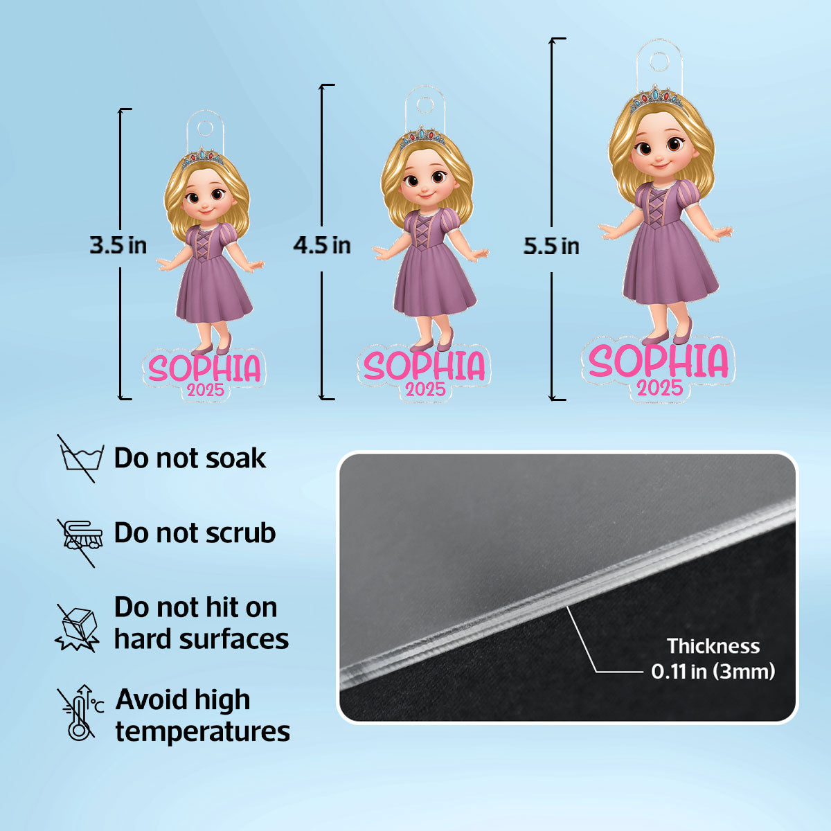 3D Effect Princess Personalized Acrylic Ornament, Christmas Gift for Kid Girls