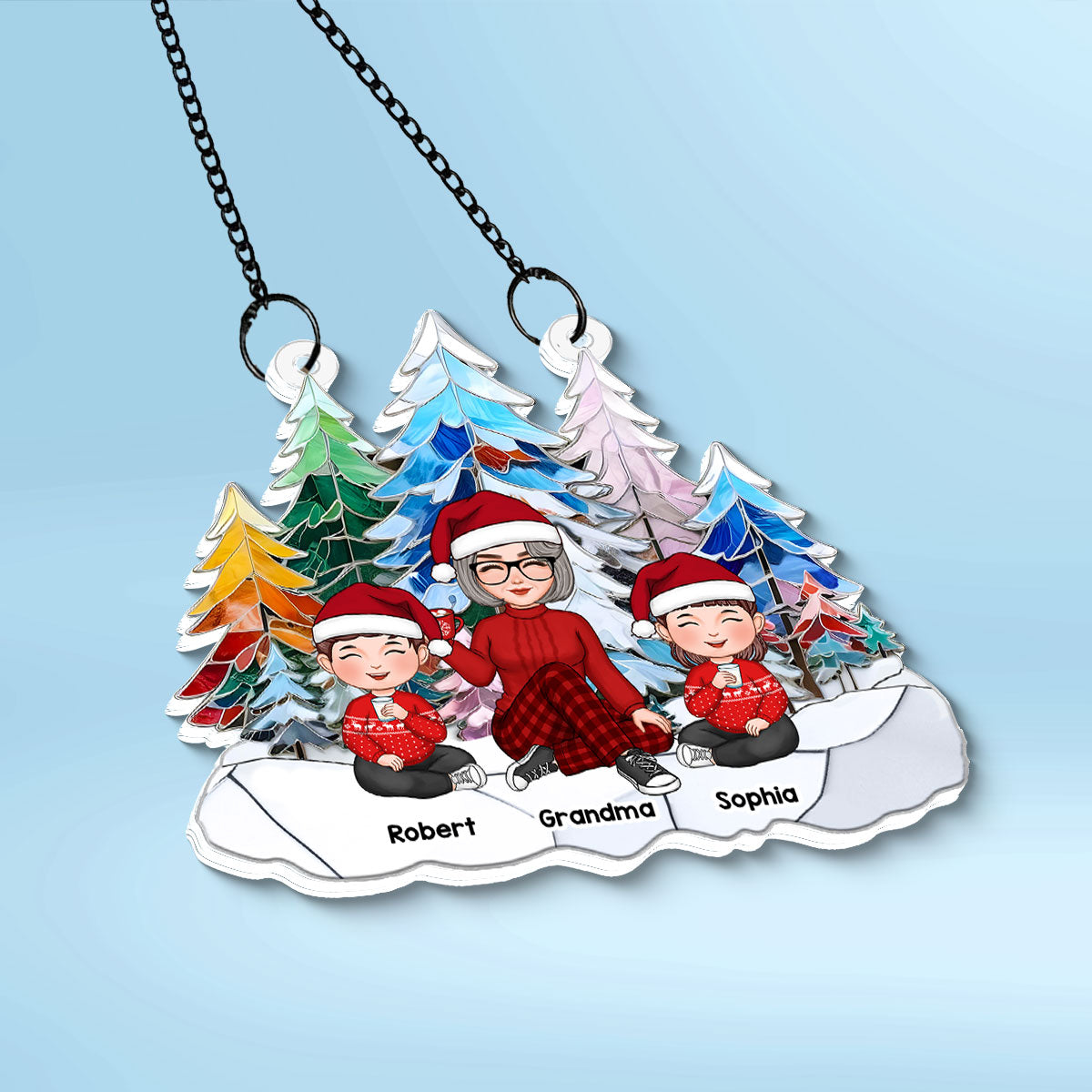 Grandma Grandkids Colorful Christmas Tree Stained Glass Personalized Suncatcher