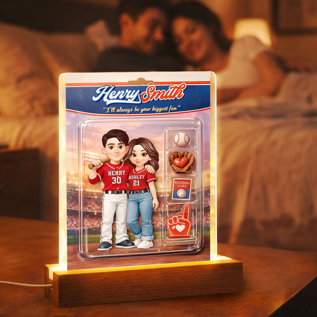 Baseball Couple I'll Always Be Your Biggest Fan Custom Action Figure - Personalized Acrylic Block LED Night Light - Sentimental Gift for Him