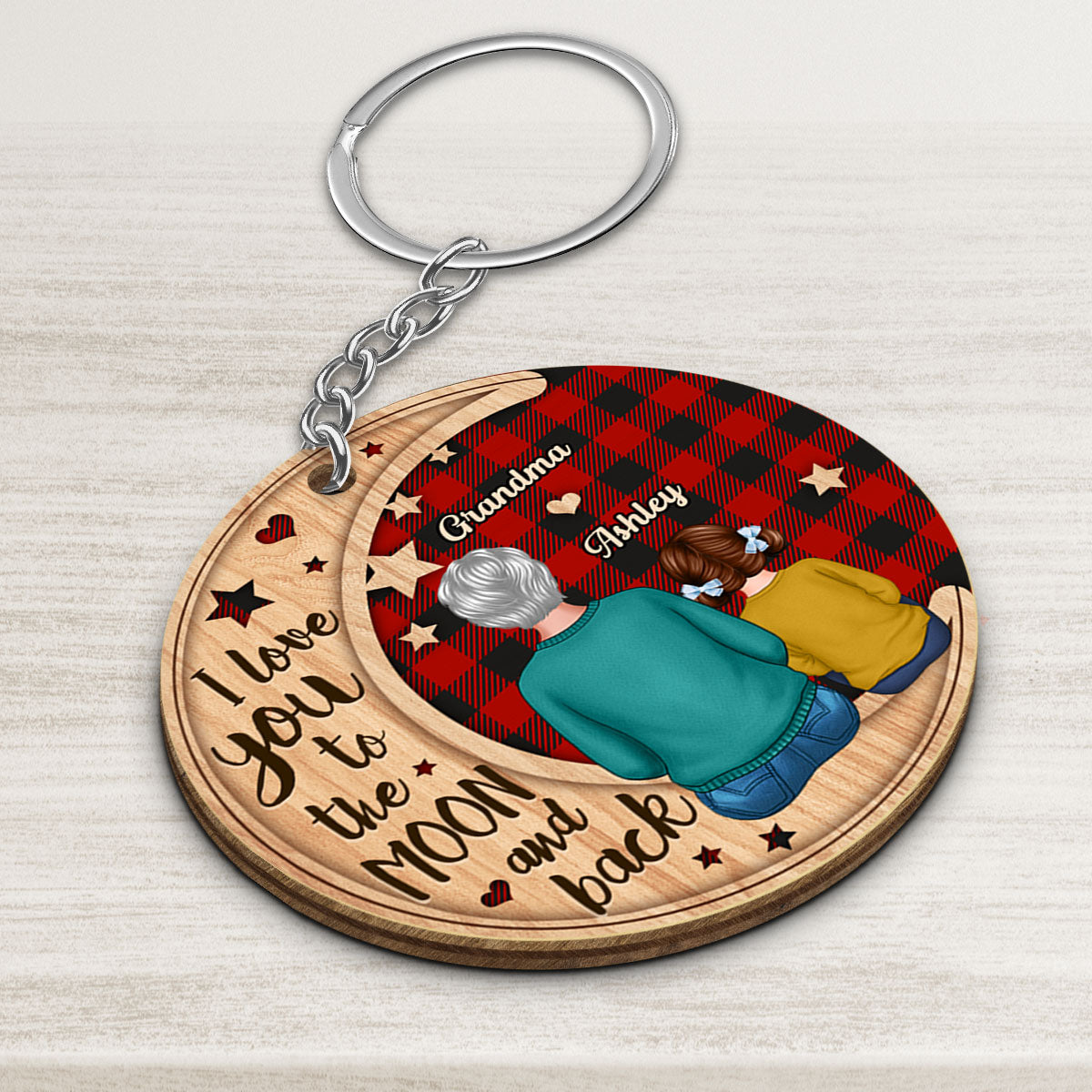 Checkered Pattern Grandma Grandkid On Moon Gift For Grandma Granddaughter Grandson Personalized Wooden Keychain