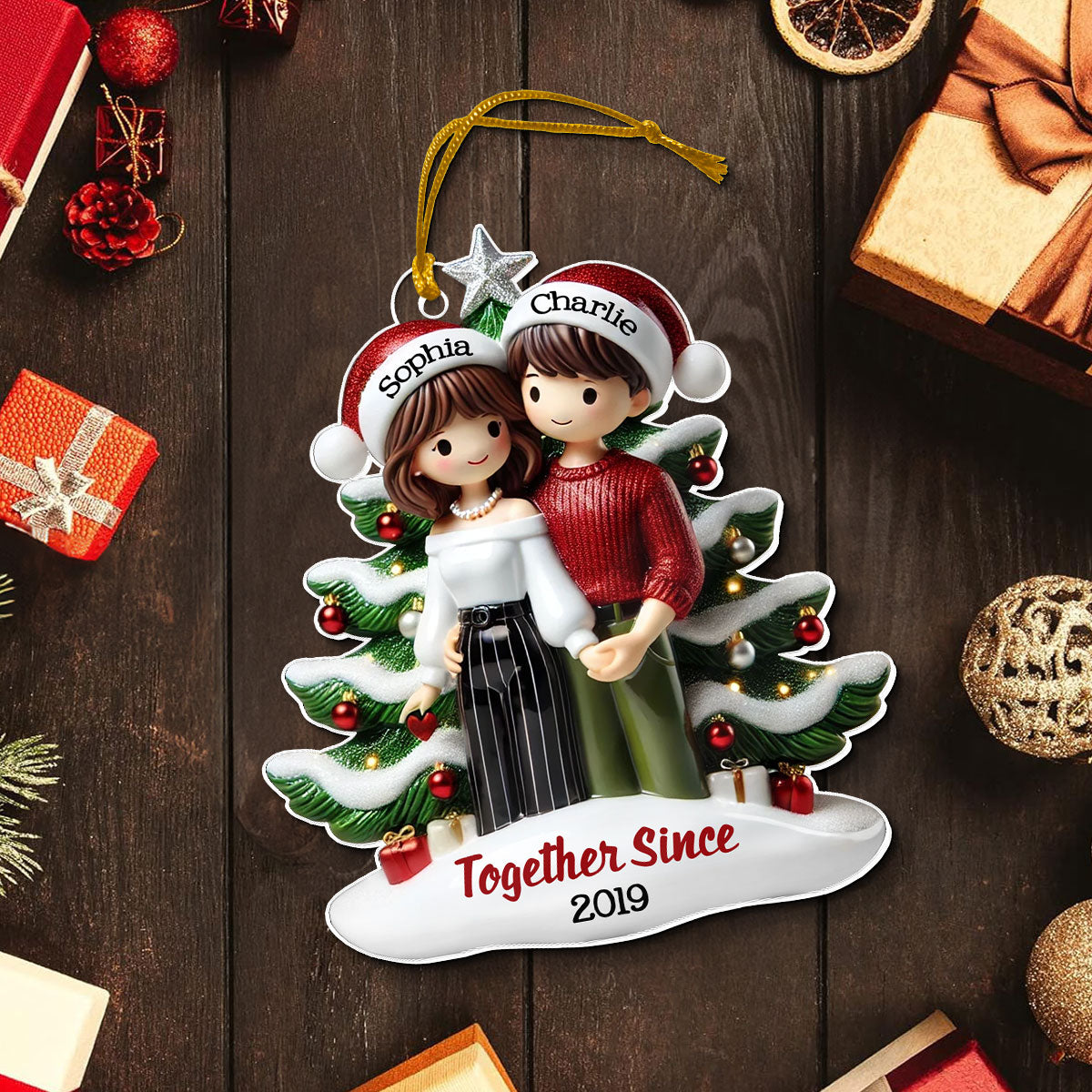 Couple Standing In Front Of The Christmas Tree Personalized 2D Flat Acrylic Ornament,  Christmas Gift For Him, For Her