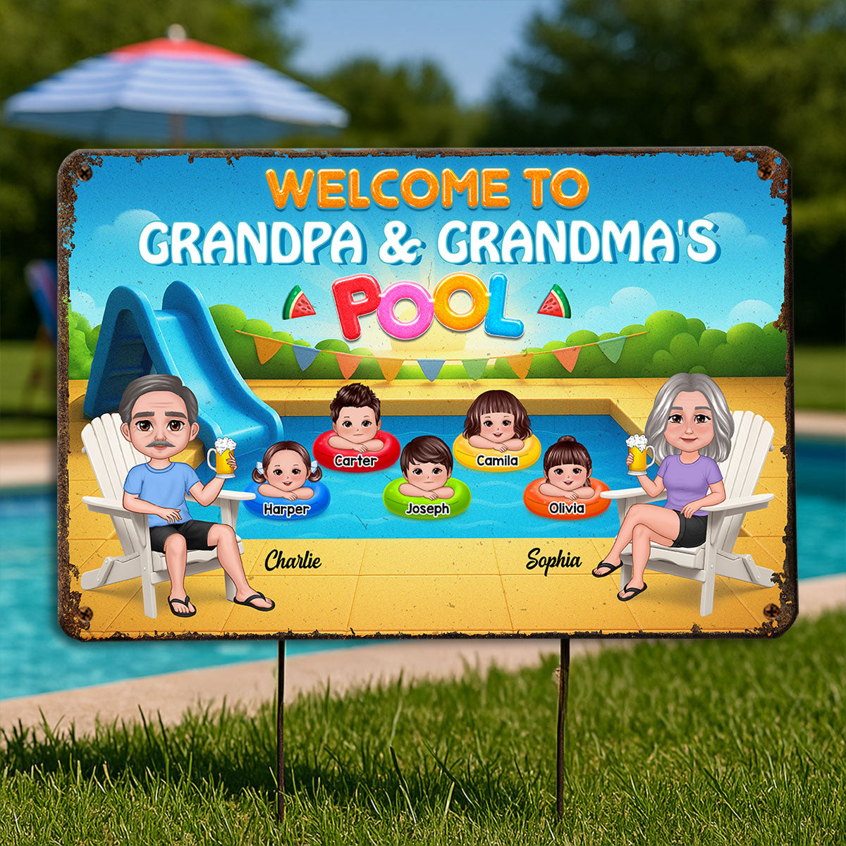 Summer Vibe Welcome To Grandpa Grandma Grandparents Pool Personalized Metal Sign