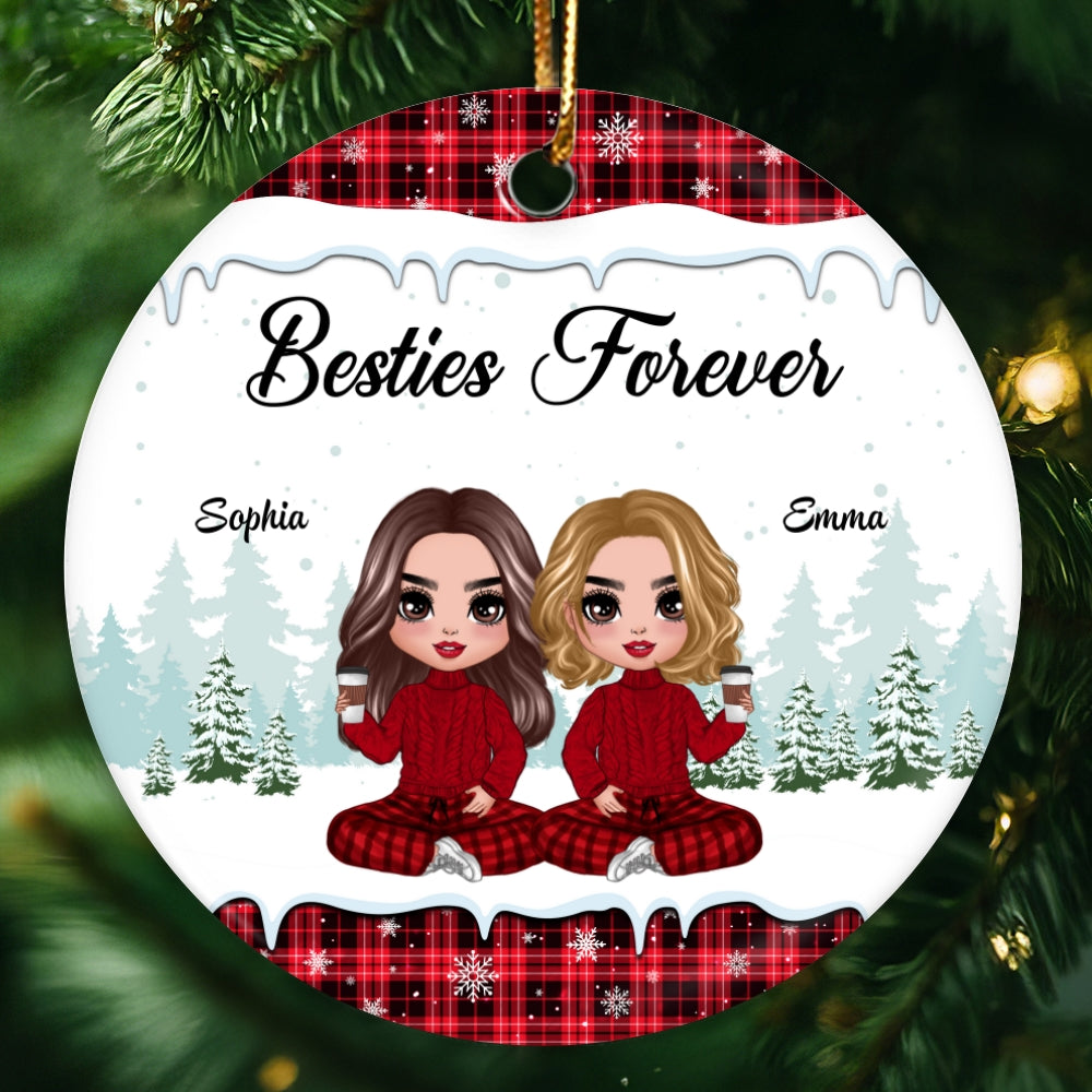 Doll Besties Sitting Checkered Pattern Christmas Personalized Circle Ornament