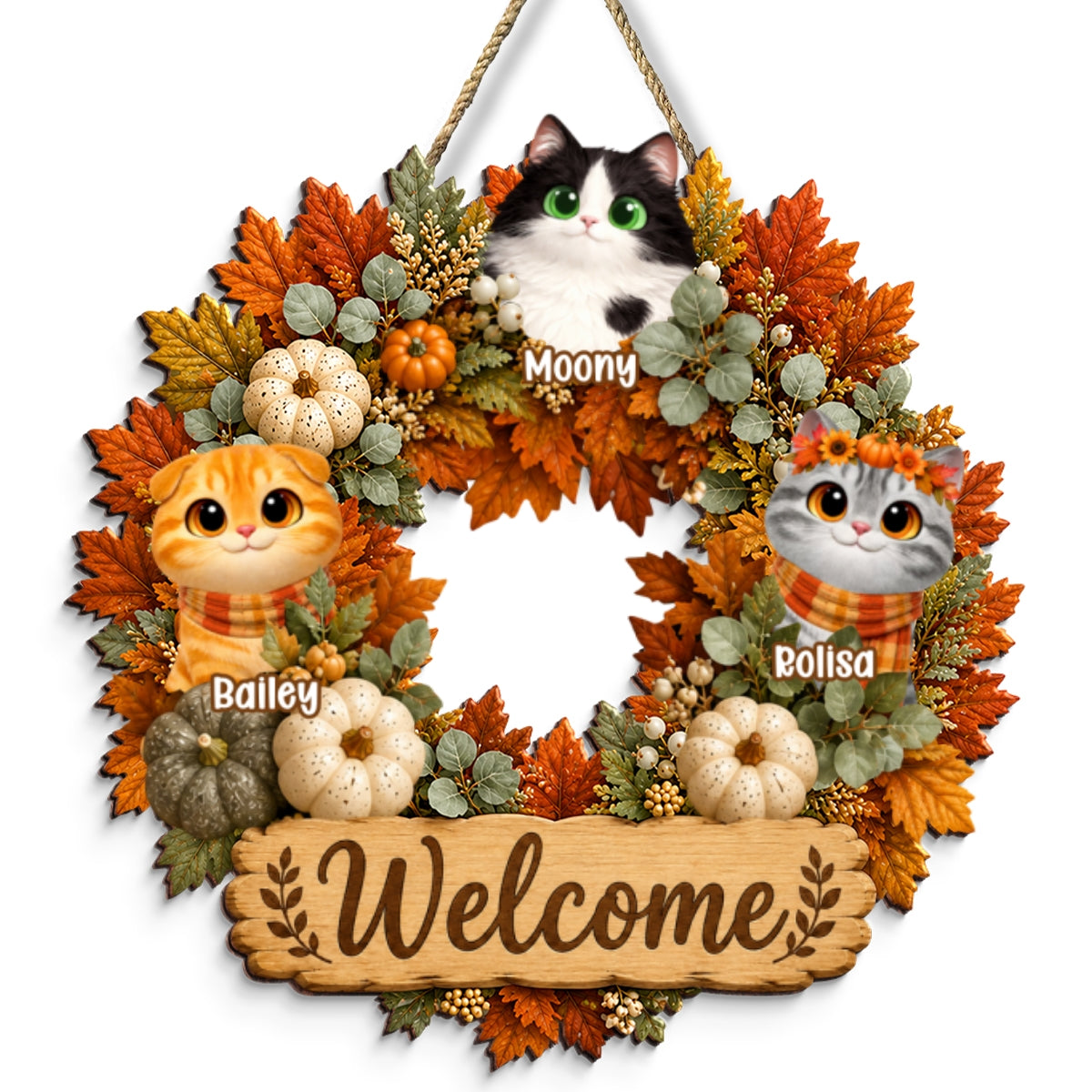 Fall Pumpkin Wreath Cats - Personalized Door Sign - Fall Season Decor Gift, Gift For Cat Lovers
