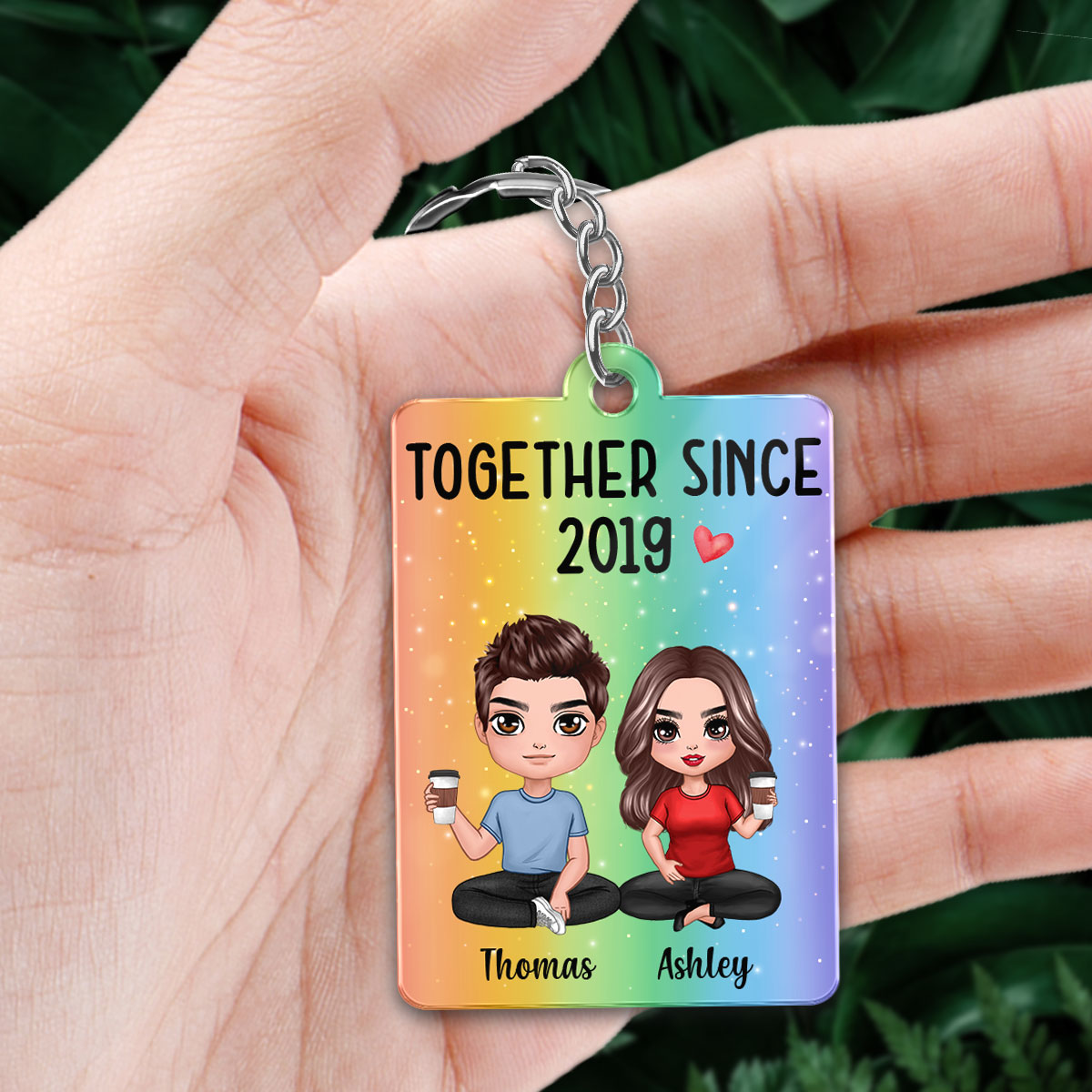 Doll Couple Sitting Rainbow Favorite Song QR Code Personalized Acrylic Keychain