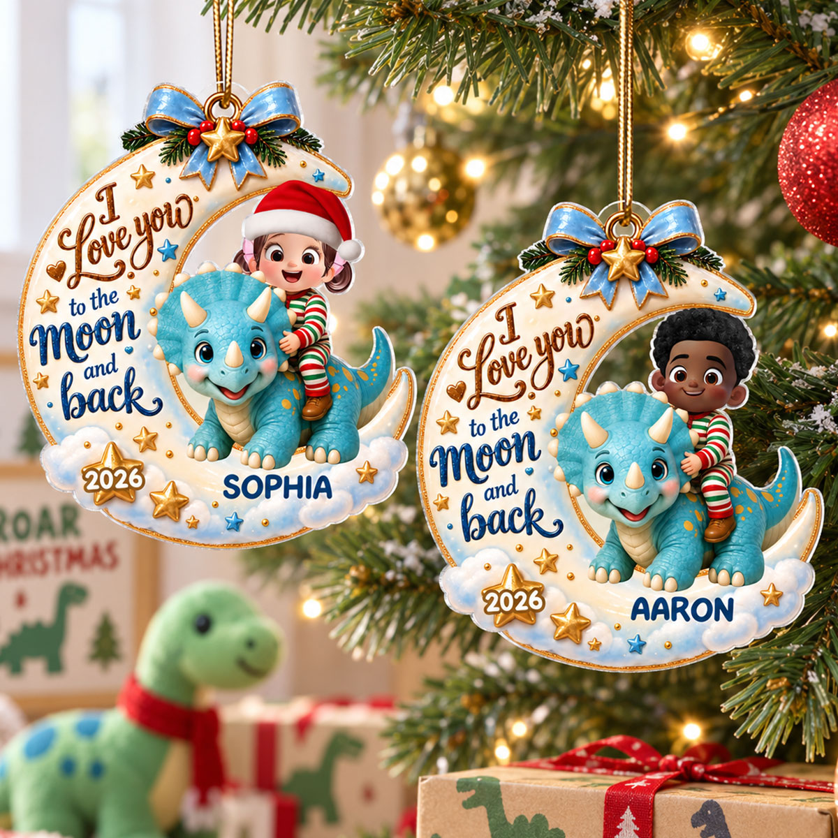 Kid & Dinosaur On Moon - Personalized Acrylic Ornament - Christmas Gift For Grandkid, Boys, Girls