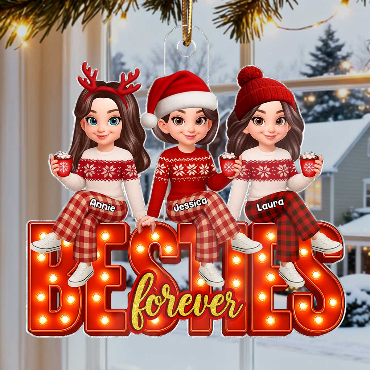 3D Effect Christmas Besties Forever Marquee Effect - Personalized Acrylic Ornament - Christmas Gift For Best Friends