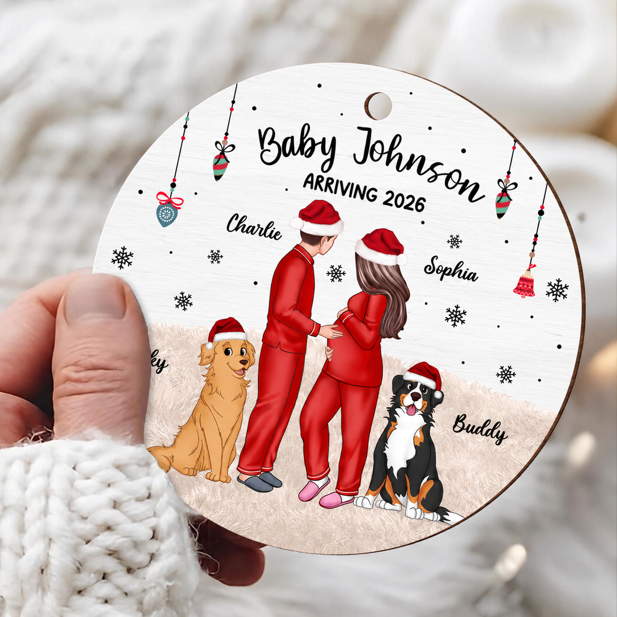 Pregnant Couple and Pet Keepsakes - Personalized Wooden Ornament - Christmas Gift