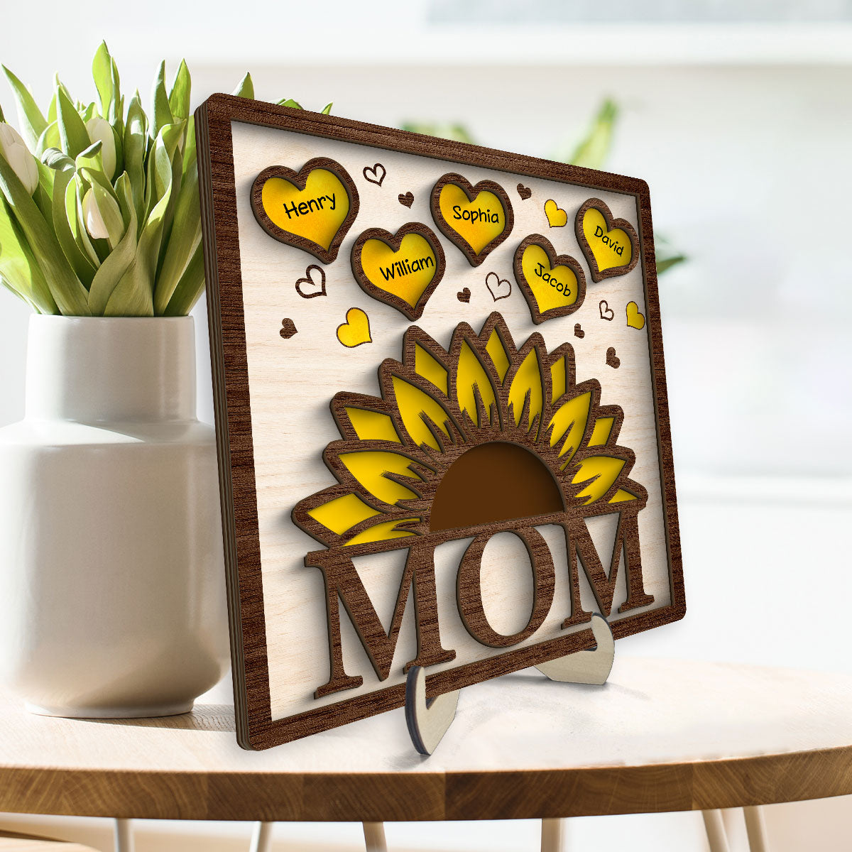 Grandma Mom Sunflower Hearts With Kids Names Personalized 2-layer Wooden Plaque
