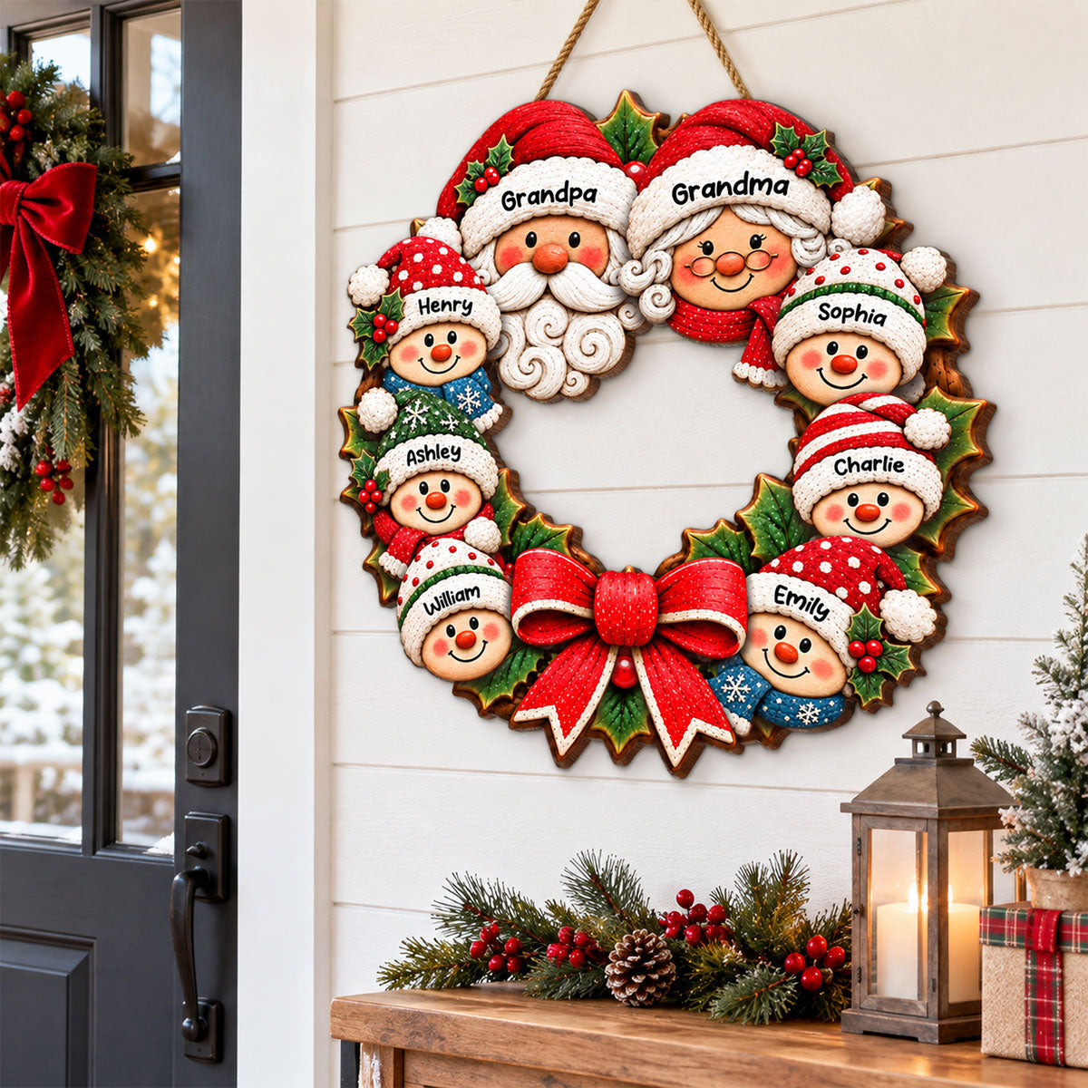 Custom Grandkids Wreath - Personalized Wood Sign - Christmas Decoration For Porch, Door, Window
