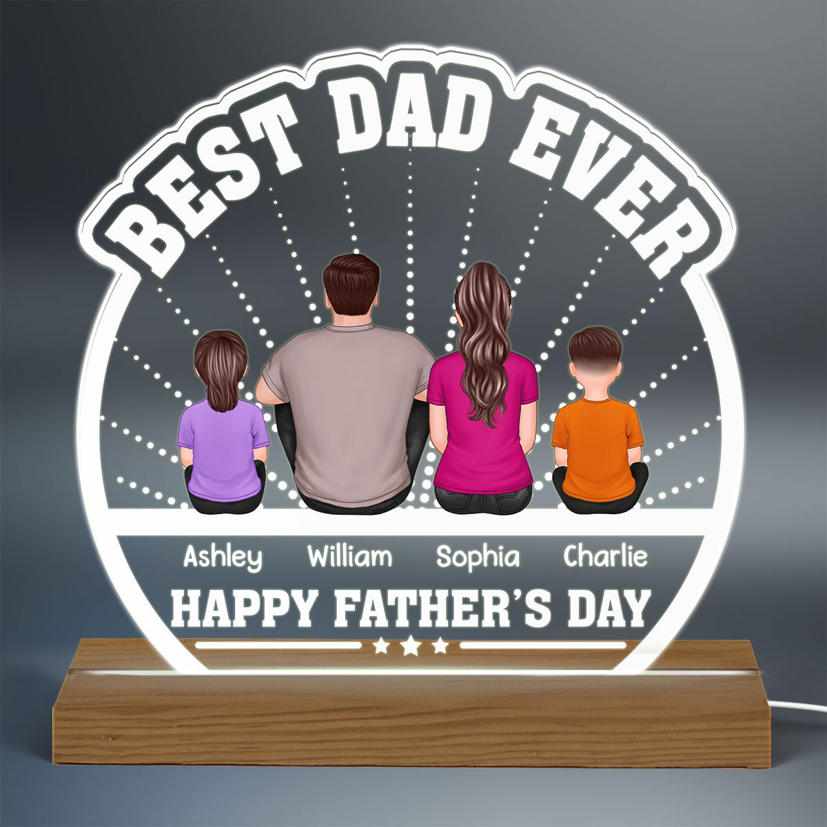 Best Dad Ever Back View Man Kids Dog Cat Personalized Custom Shaped Acrylic Plaque With LED Night Light
