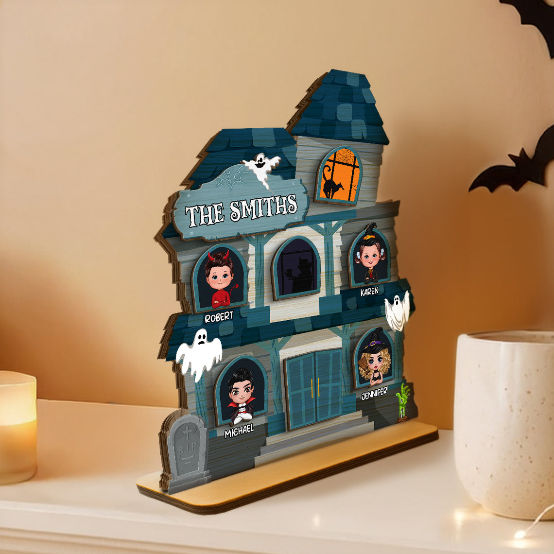 Halloween Spooky House Family Tabletop Tiered Tray Decor Personalized 2-Layer Wooden Stand