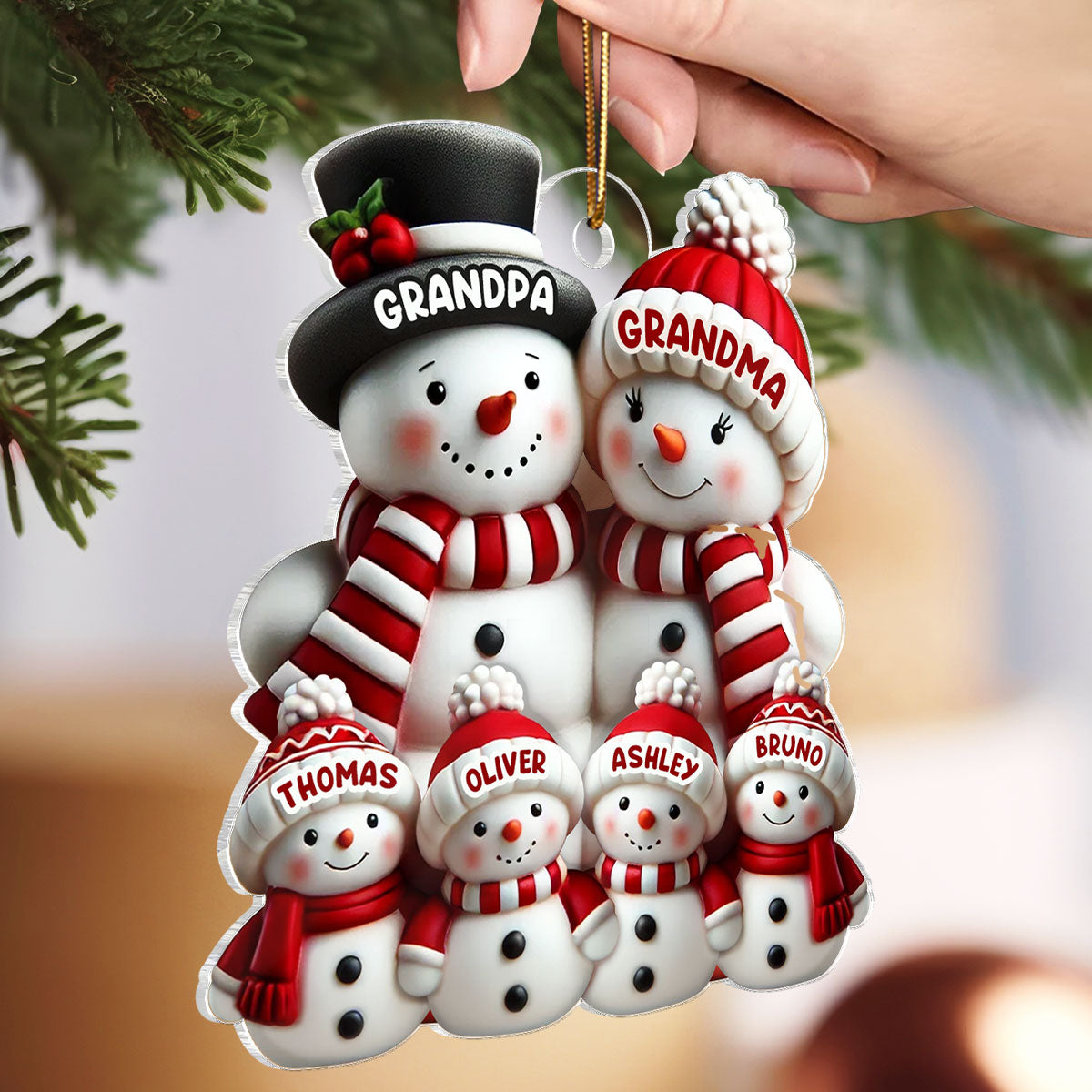 3D Effect Cute Snowman Family Christmas Decor - Personalized Acrylic Ornament