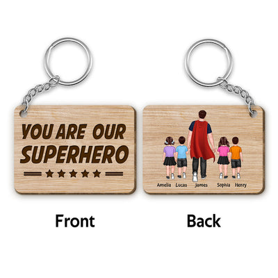 You Are Our Hero Super Dad Back View Walking Man & Kids Personalized Wooden Keychain