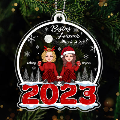 Cute Besties Sisters Sitting On Snow 2023 Christmas Sleigh Personalized Acrylic Ornament