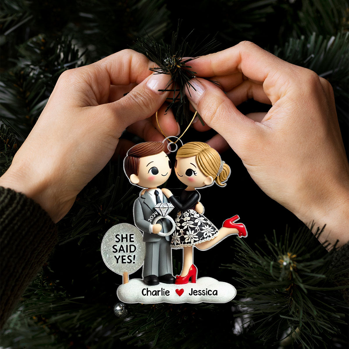 Engagement Ornament She Said Yes Personalized Couple's Engagement Christmas, 2D Flat Acrylic Ornament