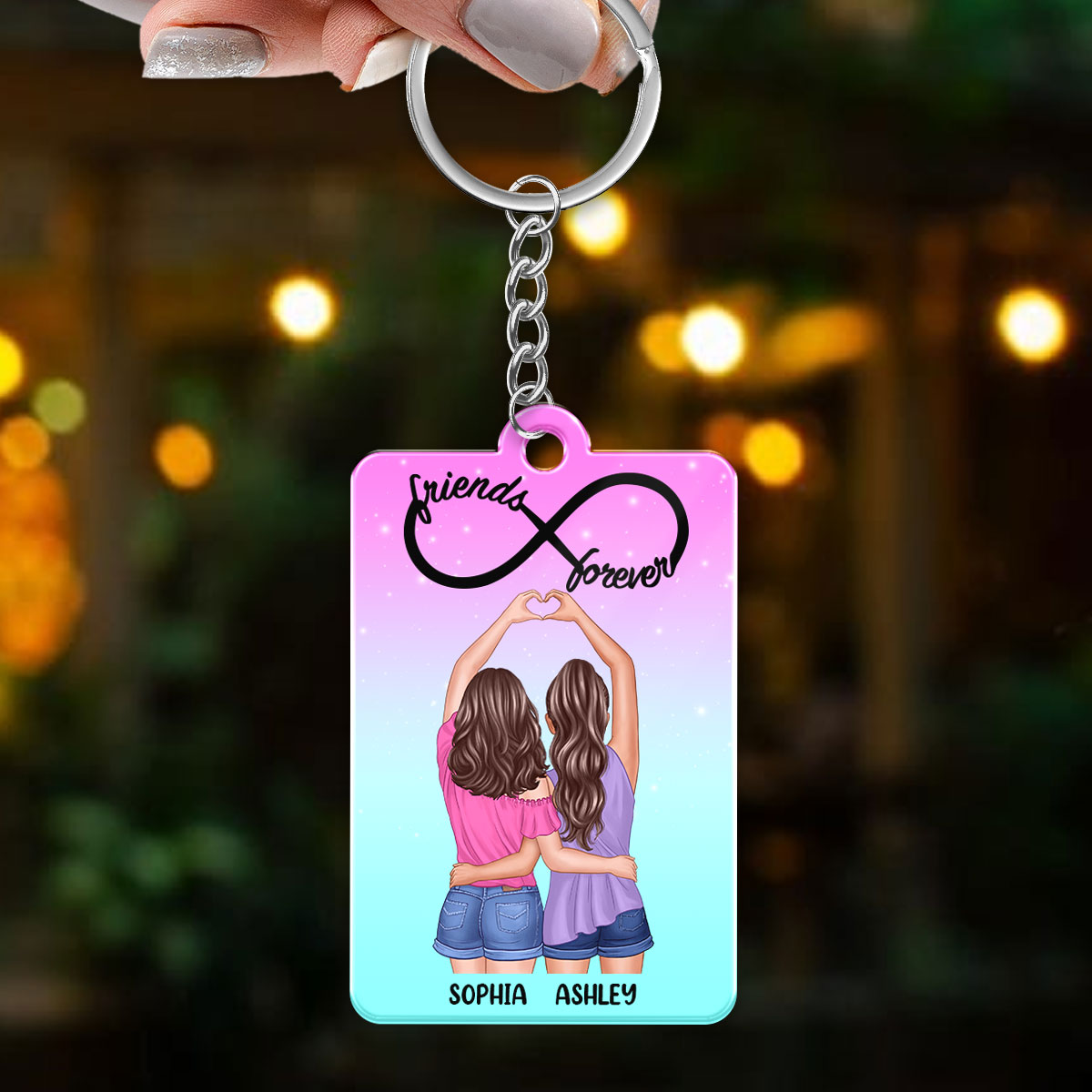 Back View Heart Hands Besties Friends Forever Personalized Acrylic Keychain