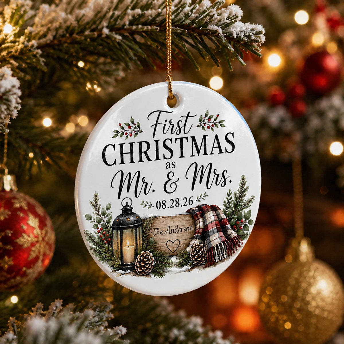 First Christmas as Mr & Mrs - Personalized Ceramic Ornament - Newlywed Rustic Gift, Heartfelt Christmas Keepsake