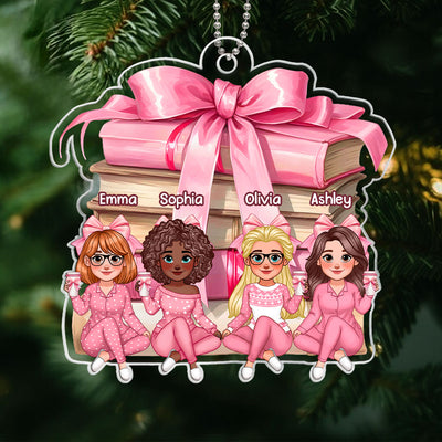 Coquette Stack of Book Besties Sitting Personalized Acrylic Ornament, Gift for Book Lovers