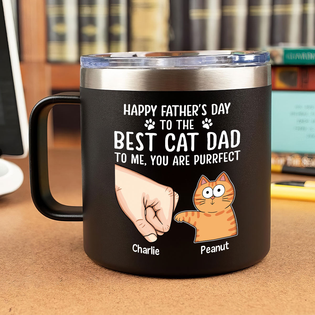 Happy Father‘s Day Fist Bump Funny Cute Cats Personalized Stainless Steel Tumbler With Handle, Gift For Cat Dad