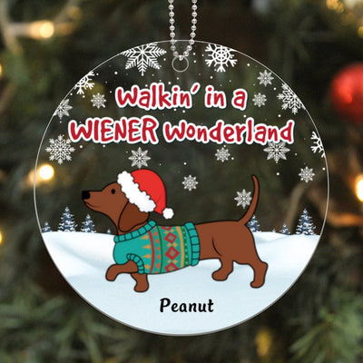 Dachshunds Walking In Wiener Wonderland Snow Background Personalized Acrylic Ornament
