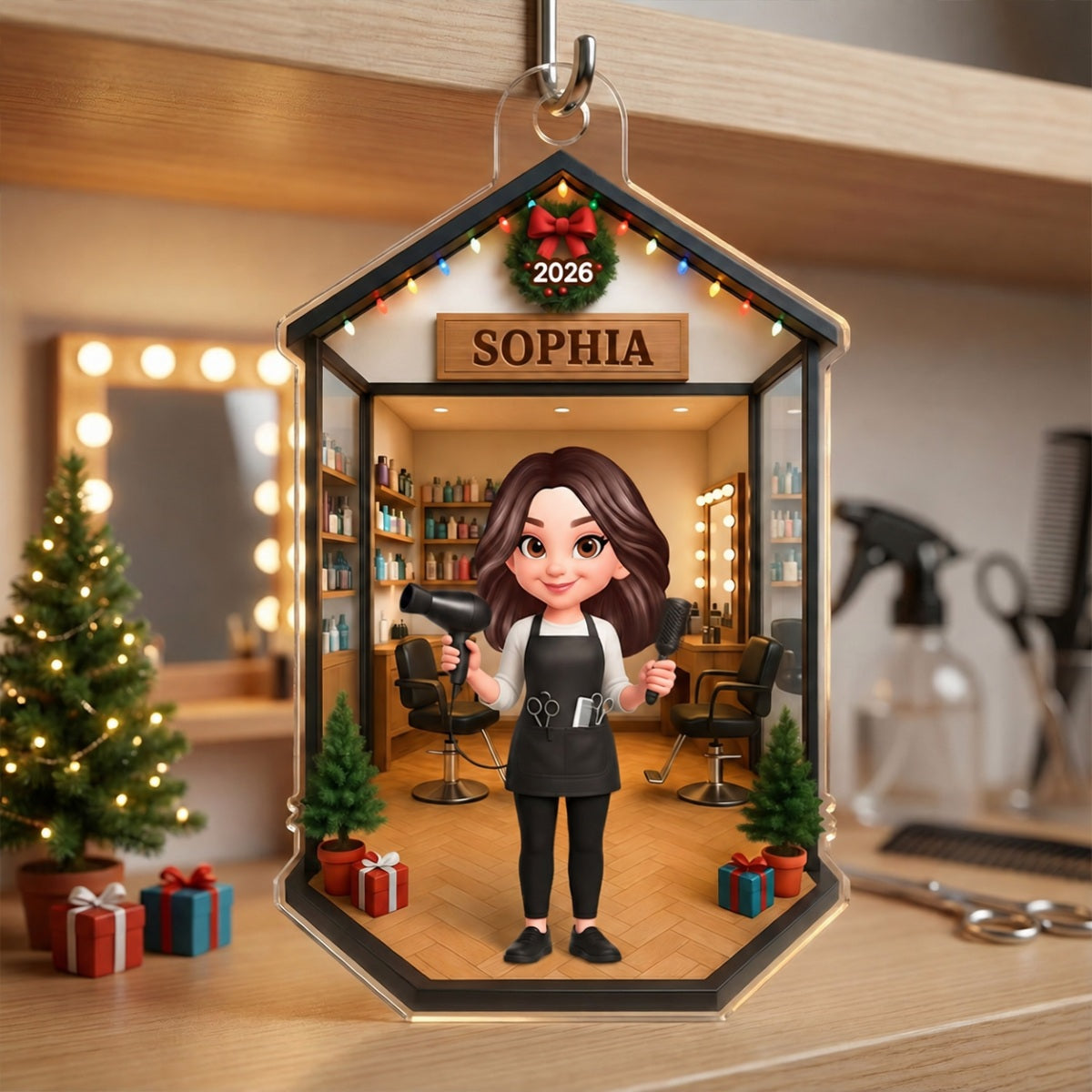 3D Effect Christmas Hair Salon Hairdresser Man Woman - Personalized Acrylic Ornament - Gift For Hairdressers